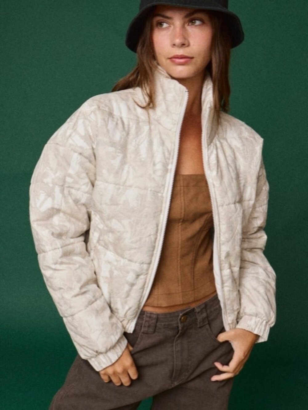 Papermoon Beige Camo Patterned Puffer Jacket